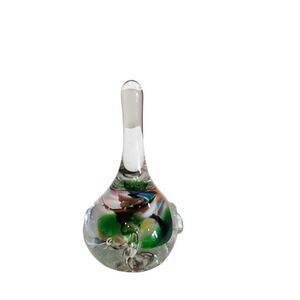 Signed Hand Blown Art Glass Ring Holder Bubbles Clear Green Swirl Jewelry Vanity